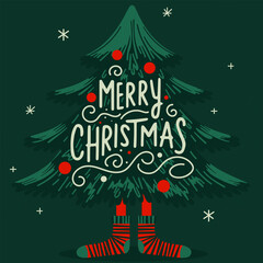Merry Christmas and Happy New Year banner. Trendy vector illustration with funny Christmas fir tree, snow and typography design. Bright New Year banner for ads, cover, social media.
