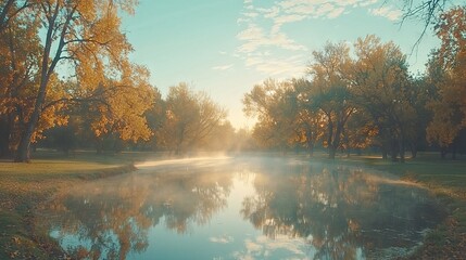 Fototapeta premium Serene autumn landscape with misty water and golden trees at sunrise.