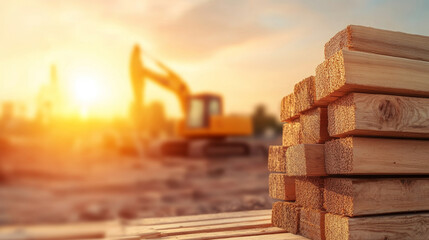 Timber beams and planks neatly stacked at a construction site, with a softly blurred excavator in the background during golden hour