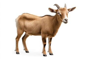 A young, light brown goat stands against a white background.