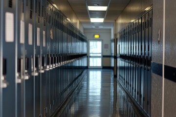 A long hallway features blue metal lockers on either side, illuminated by bright ceiling lights. The area is empty, creating a quiet atmosphere during school hours