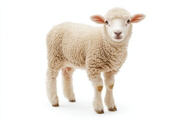 Fototapeta premium Adorable young lamb standing on white background.