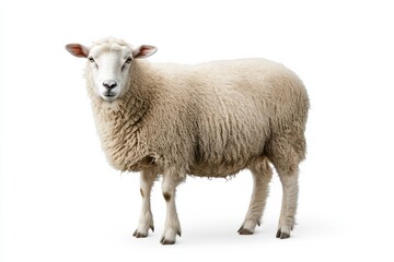 Fototapeta premium Fluffy sheep standing against white background.