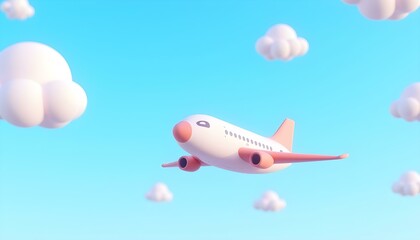 Naklejka premium 3D render of a commercial airplane soaring through a clear blue sky with fluffy white clouds in the background create with ai
