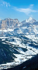 Morning winter rocky mountain landscape. Gardena Pass  in Dolomites of South Tyrol in northeast Italy.