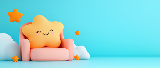 cheerful star shaped chair surrounded by fluffy clouds and stars, creating whimsical atmosphere