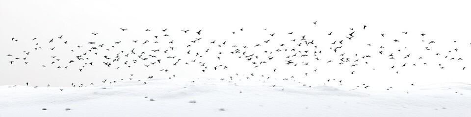 Fototapeta premium Flock of birds flying over snowy landscape
