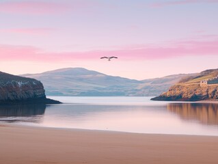 Serene coastal landscape at dawn with gentle hills and a flying bird.