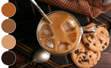 Glass of iced latte with sweet cookies on wooden background