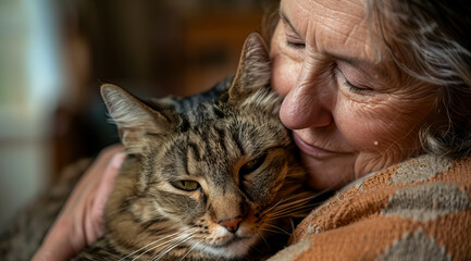 A tender moment captured of a woman embracing her cherished cat, showcasing the deep bond and affection between them. Perfect for pet lovers.
