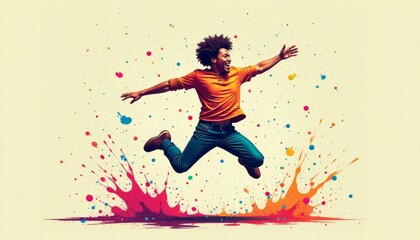 Joyful leap in vibrant colors under a sunny sky during a lively art celebration