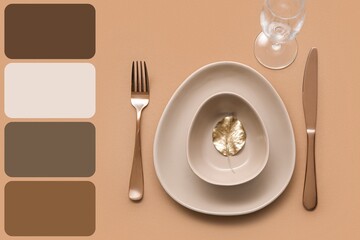 Elegant table setting with golden leaf and cutlery on brown background. Different color patterns