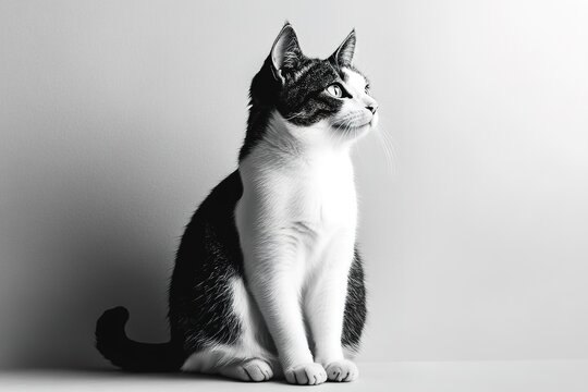 Black and white cat sitting, looking away, clean background