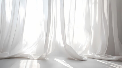 Obraz premium White curtains blowing in the breeze on white background sheer fabric texture background wallpaper macro. Diaphanous. Illustration