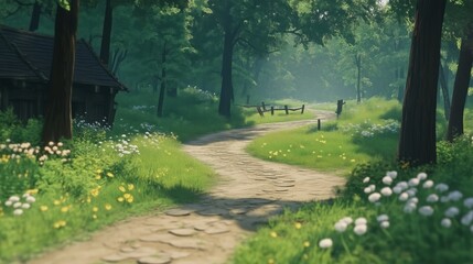 Obraz premium A path in a forest with a house in the background. The path is lined with flowers and trees