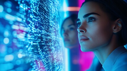 Tech Innovators Analyzing Digital Data on Futuristic Interface in Modern Workspace