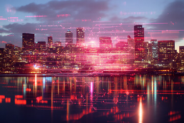 Obraz premium City skyline illuminated at dusk with digital data overlay showing technological advancement and urban life