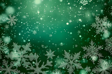 Celebrate the winter holiday magic with a festive green snowflakes background, perfect for cards, invitations, and decorations. Its joyful and elegant design brings a cheerful touch to the season