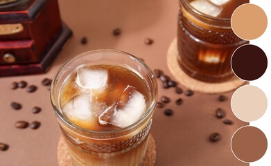 Glass of ice coffee with beans on beige background. Different color patterns