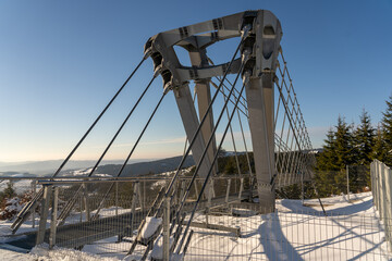 Sky Bridge 721, Lower Moravia, Czech Republic - December 1, 2024: The longest pedestrian suspension bridge in the world. Mountain resort Dolni Morava