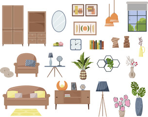 A set of furniture for the interior of a bedroom or living room. Modern design. Sofa and armchair, bedside table, floor lamp and lamps. Bookcase and wardrobe. Window with blinds. Figurines, paintings