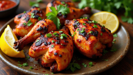 Spicy roasted chicken drumsticks with charred lemon wedges
