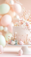 A lovely cake with pastel flowers and bright eggs sits on a pedestal against a soft spring background