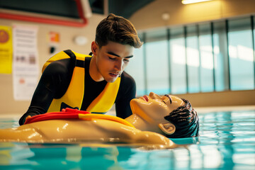a male lifeguard practicing CPR on a dummy in an indoor pool setting