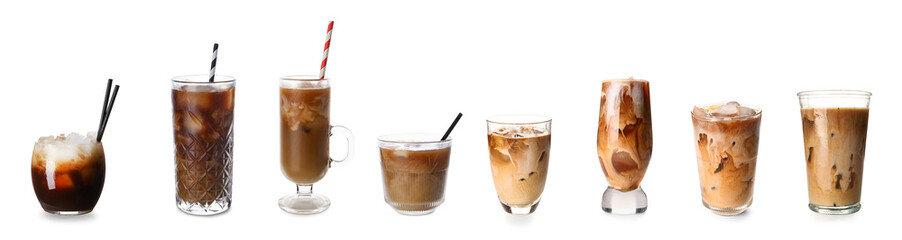 Collage of tasty iced coffee on white background