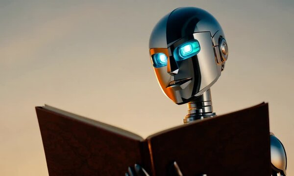 A futuristic robot reading an ancient book in a serene setting.