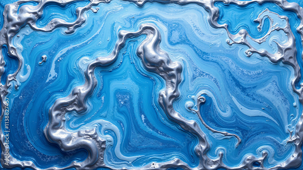 Poster abstract blue and silver fluid background with swirling patterns and textures