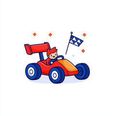 Fototapeta premium cute cartoon character driving red race car with flag
