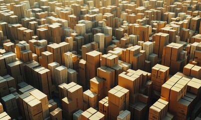Vast array of cardboard boxes stacked densely, creating a maze-like structure. Various sizes and shapes, warm lighting enhances depth and texture.