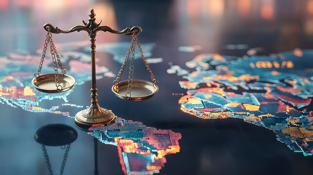 A global finance law concept with scales of justice overlaid on a world map filled with stock market symbols