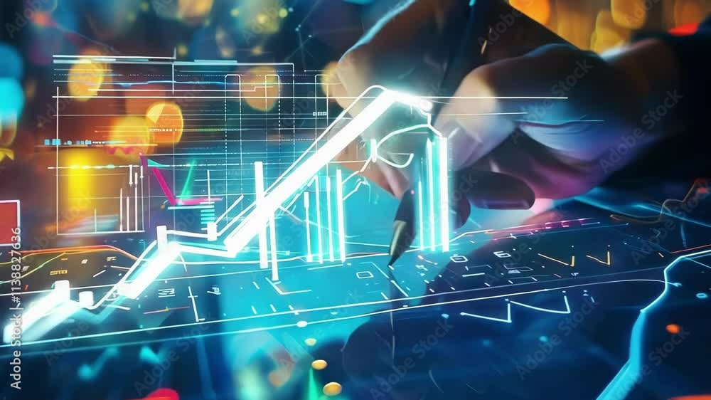Poster businessman is using a stylus to draw a growing arrow graph on a digital touchscreen. the background