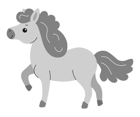 Cute gray pony with curly mane prancing happily in a cartoon style illustration