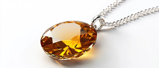 A large amber or citrine gemstone pendant on a silver chain, featuring faceted cut and warm honey-colored brilliance. Generative AI.