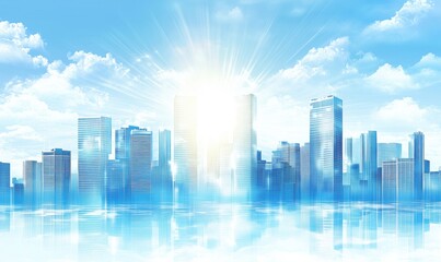 Bright city skyline reflection, modern skyscrapers, blue sky, clouds, sunlight, urban landscape, serene atmosphere