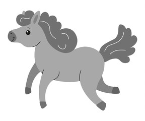 Cute gray pony trotting playfully in a cartoon style illustration
