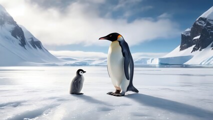 Naklejka premium A baby penguin stands next to an adult penguin in the snow