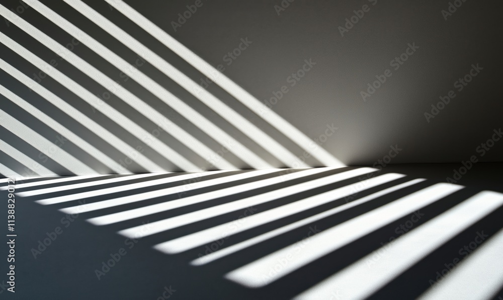 Poster shadows and light play on wall and floor, creating geometric patterns and contrasts
