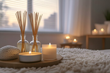 Warm light from candles and diffusers creates a serene ambiance in a tranquil space during sunset