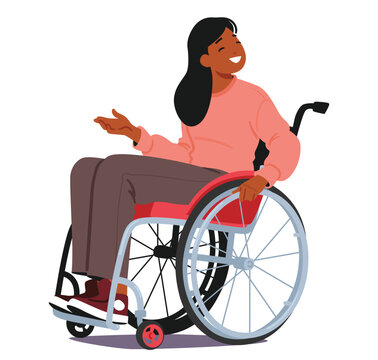 Happy smiling inclusive woman cartoon character with disability using wheelchair for movement