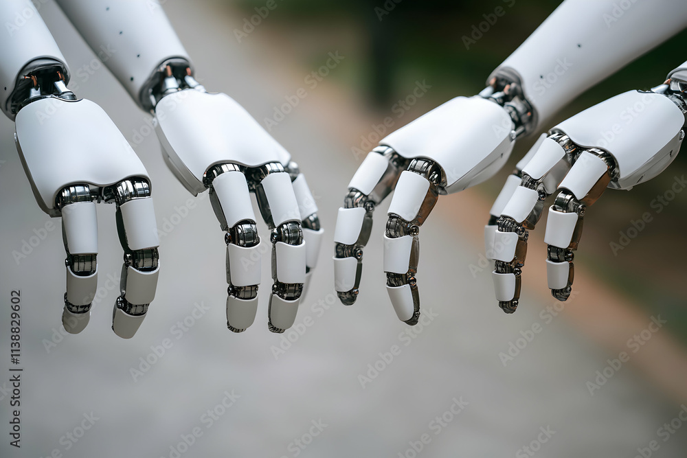 Poster close-up of two robotic hands reaching towards each other, showcasing intricate mechanical details a