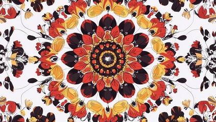 A mandala painted using the watercolor technique, centered with red and yellow hues, featuring a...