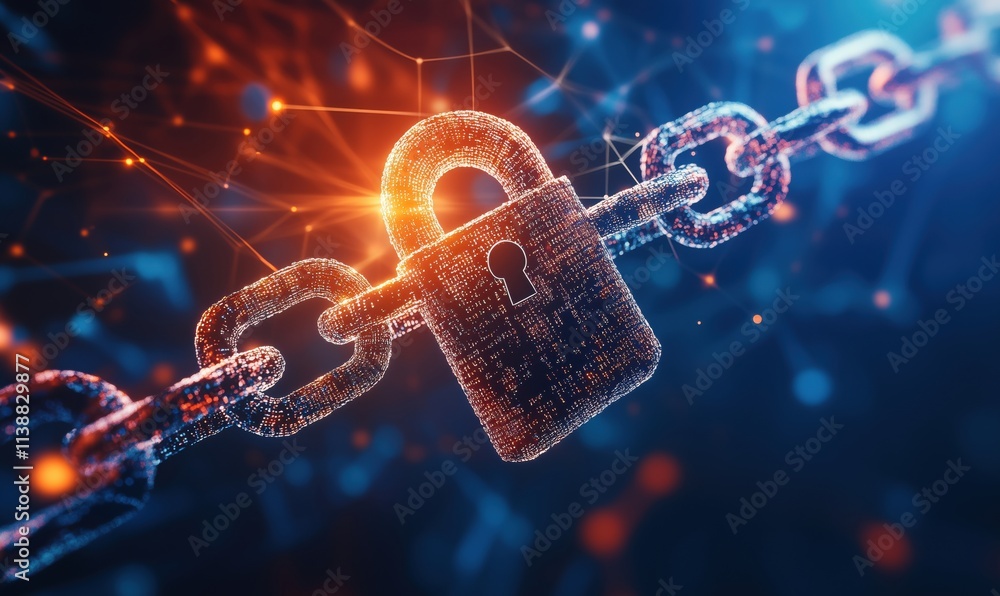 Poster digital lock and chain, symbolizing cybersecurity and data protection. bright glowing padlock connec