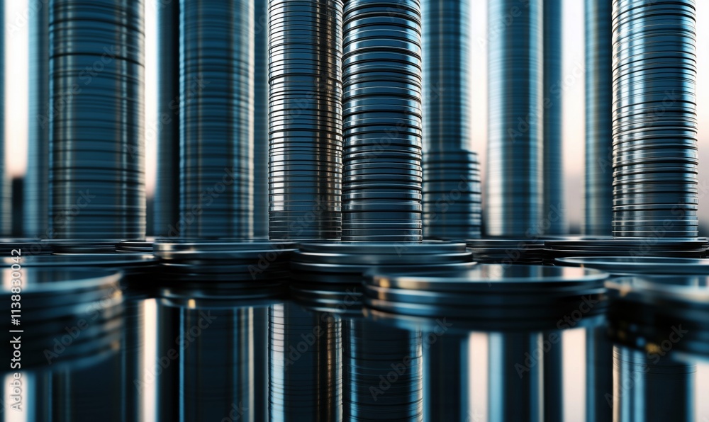 Poster stacks of coins reflecting light, creating a mesmerizing visual effect. tall cylindrical stacks of s