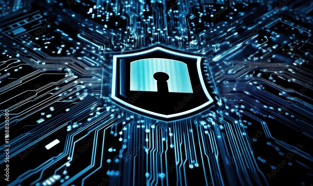 Poster cybersecurity shield with lock symbol, digital circuit background, representing data protection and 