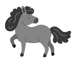 Cute gray pony standing gracefully with a playful pose and flowing mane