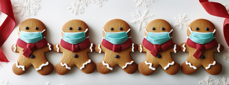 Five gingerbread man cookies in a festive holiday line wearing blue face masks and red scarves for a unique pandemic-themed Christmas celebration.